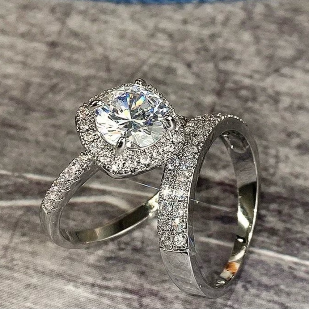 Sterling Silver White Halo Engagement Ring Set - Bridal Band and Solitaire